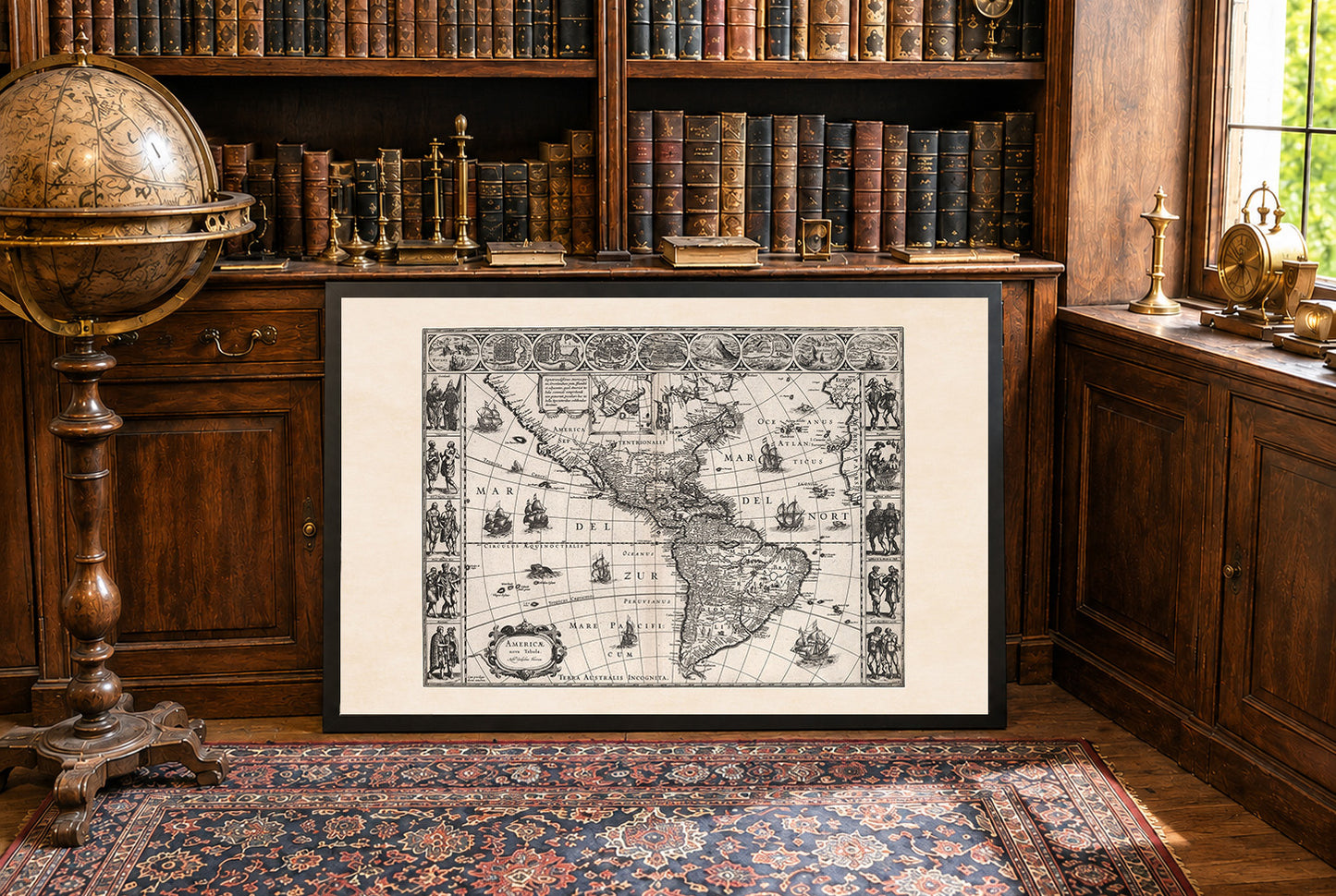1630 Amerika Kartenposter - Americae Nova Tabula mit wichtigen Städten und kultureller Kleidung