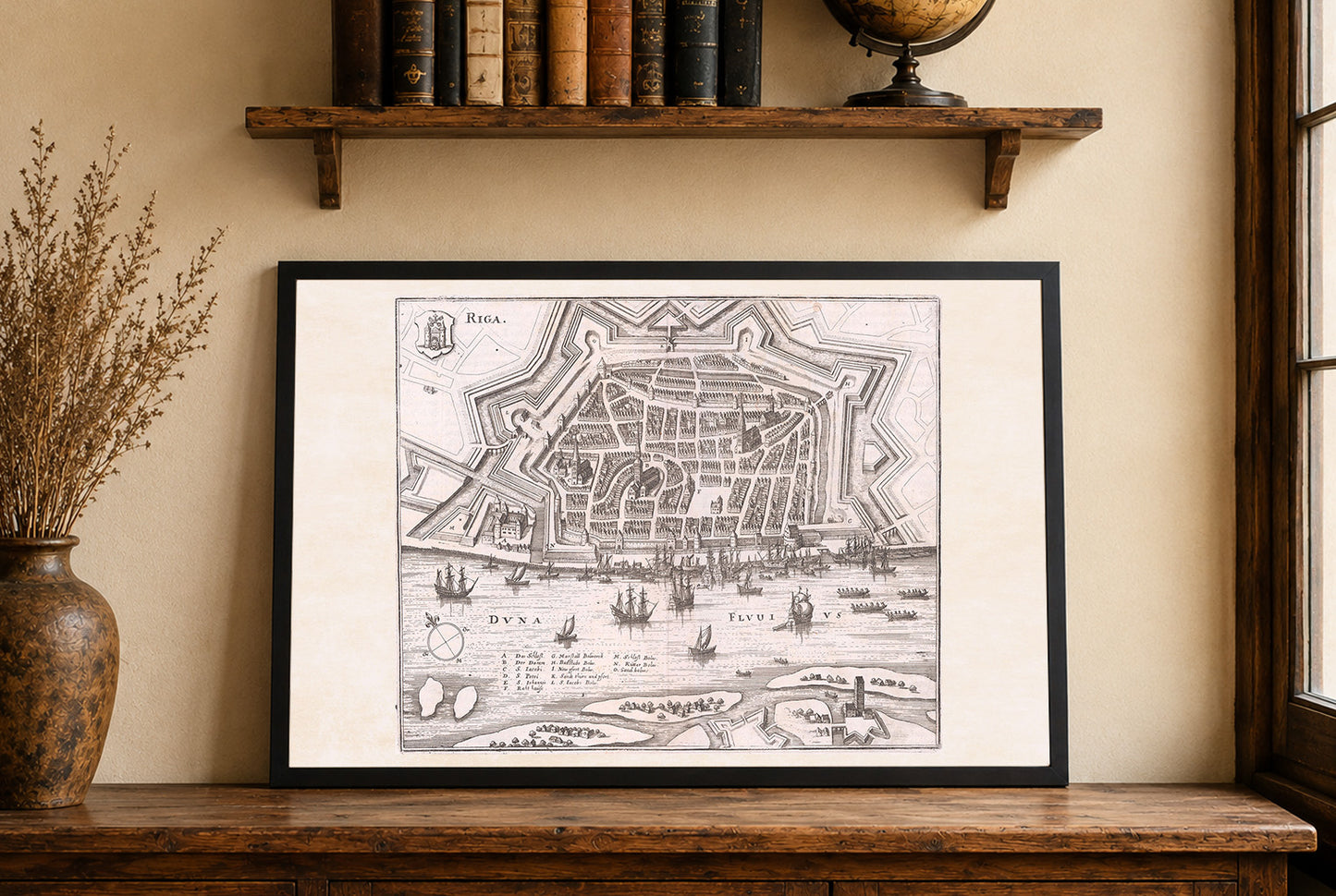 1652 Riga Karte Poster - Panoramastadtplan mit Sternbefestigungen, Hafenbooten und Stadtlayout