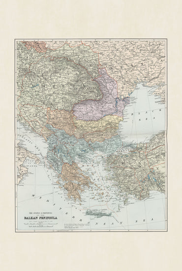 Penisola balcanica 1904 - Stati e province - Poster della mappa storica di Edward Stanford