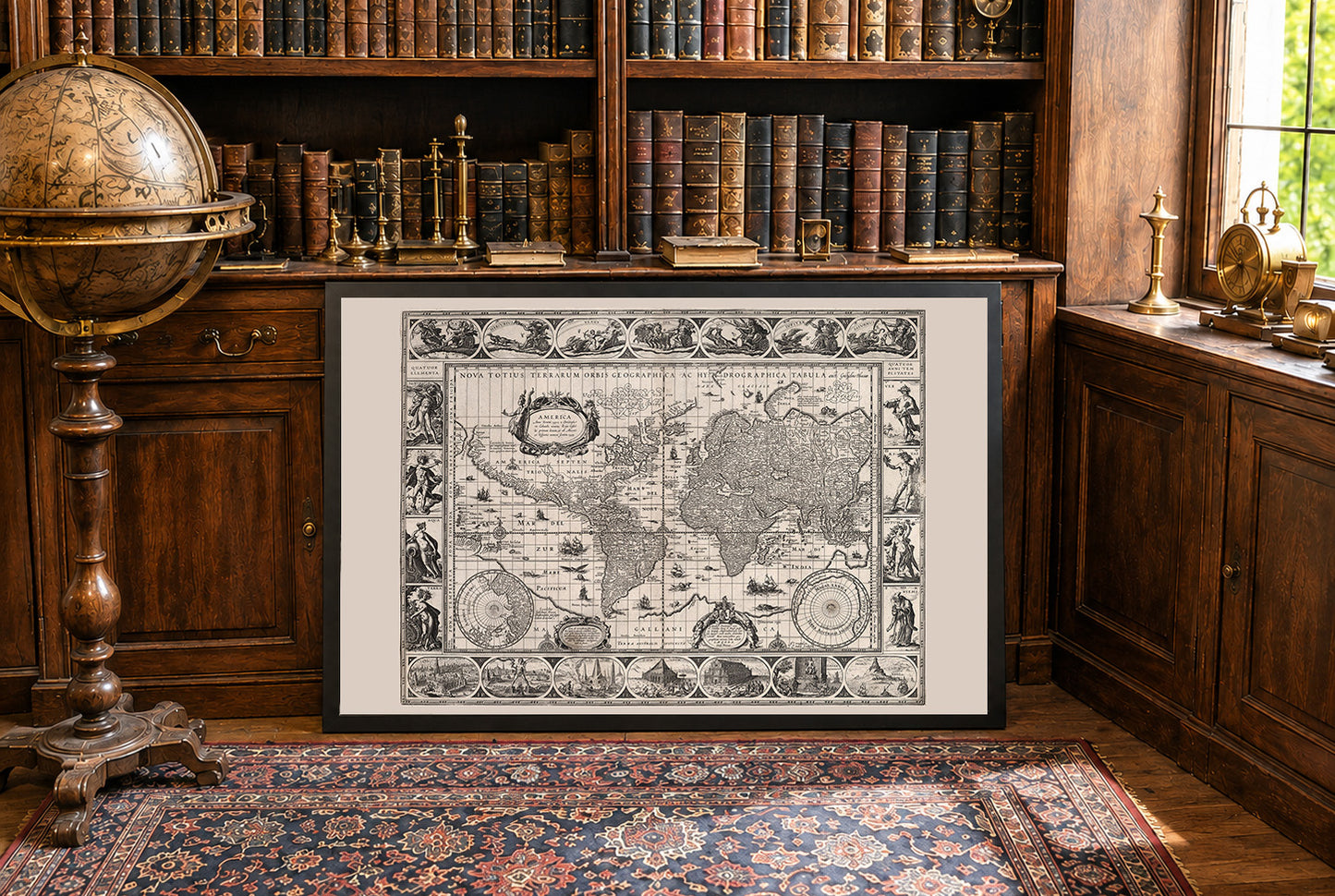 Vintage Weltkarte (1630) - Kunstdruck, der Mythologie und die sieben Wunder zeigt