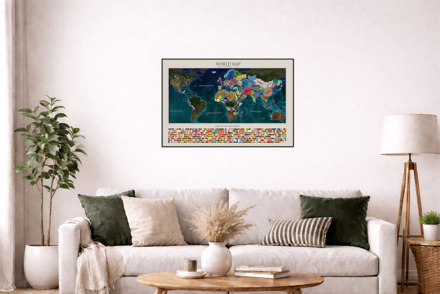 Affiche Carte du Monde 1444 - Carte Politique Historique avec Relief Naturel et Drapeaux