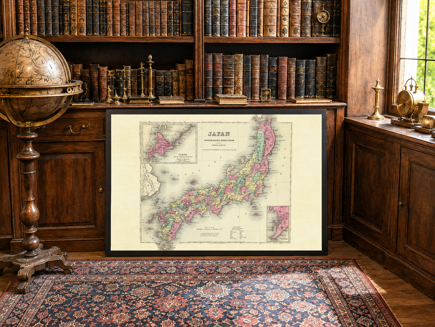 1856 Japan Karte Poster - Nippon mit Kiusiu, Sikok und Yesso Detail, handkolorierte Regionen