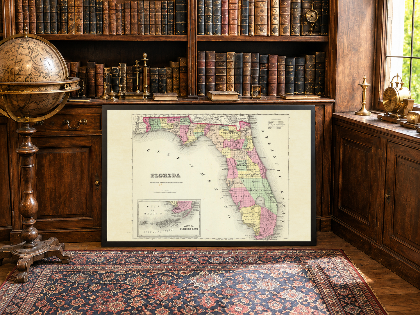 1856 Florida Karte Poster - Handkolorierte Landkreis-Karte mit detaillierten Grenzen
