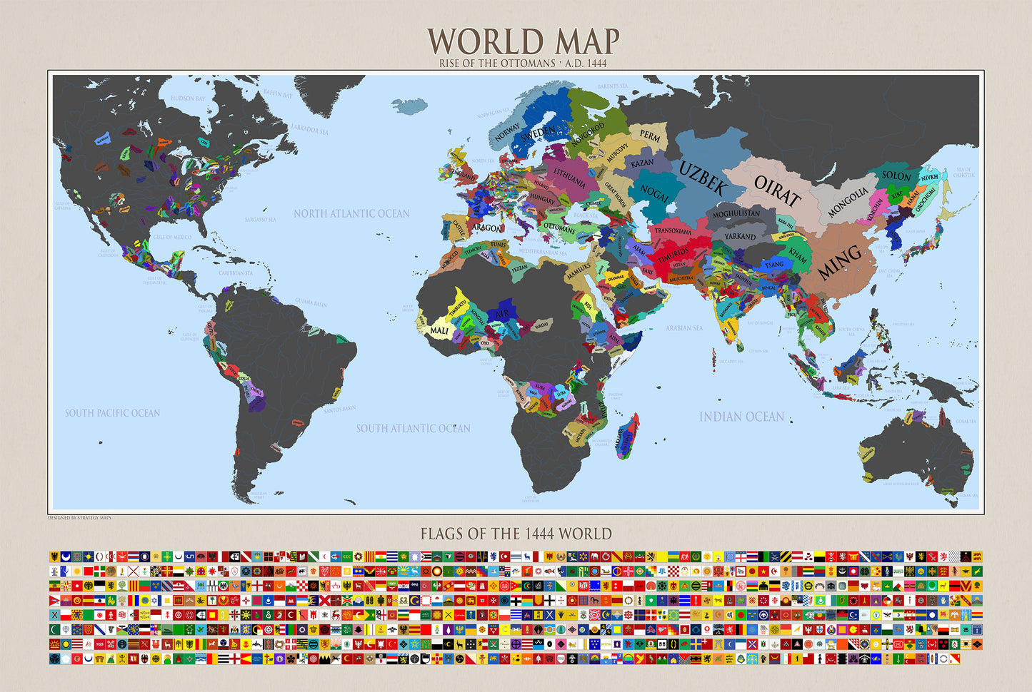 1444 World Map Poster - Political Map with Historical Countries & Flags