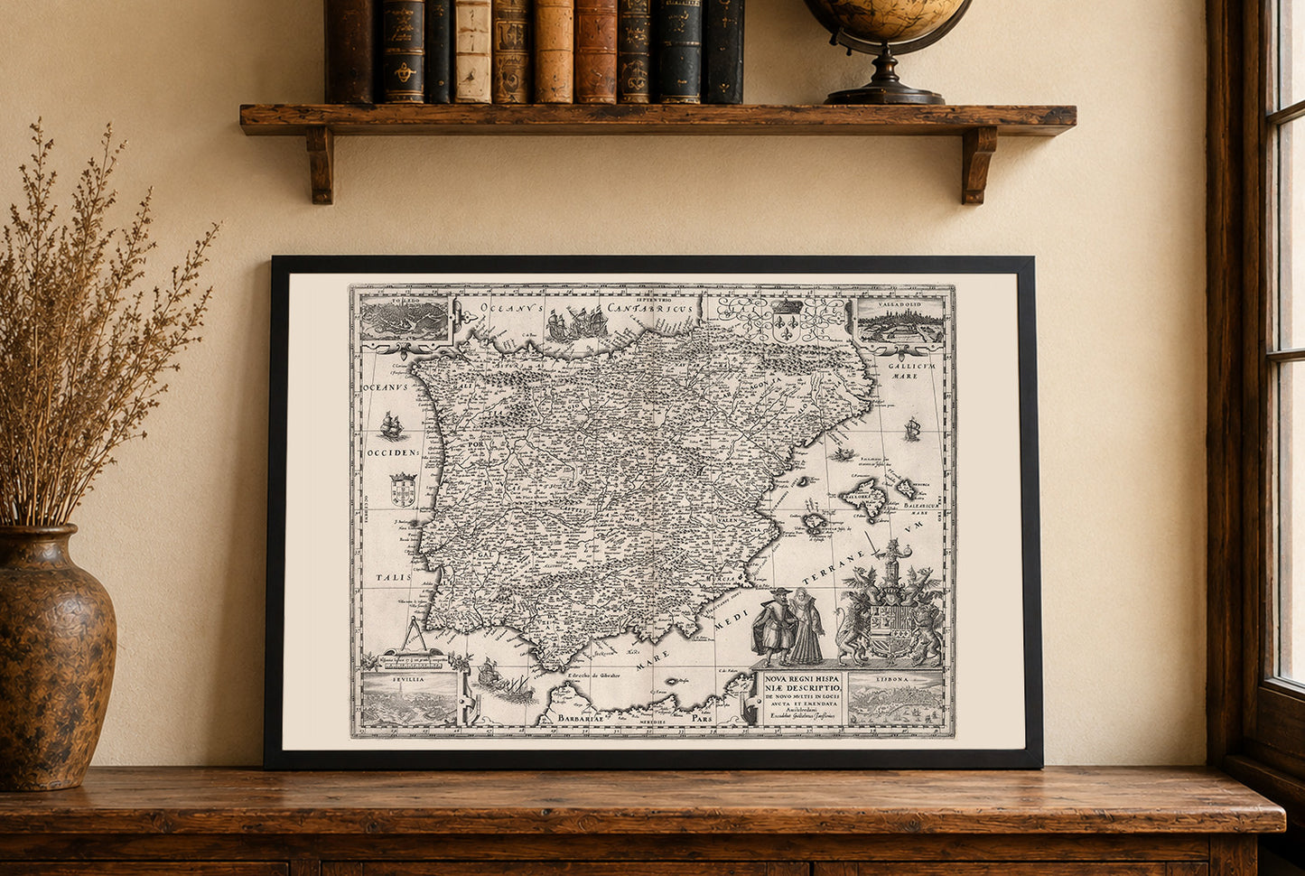 1630 Iberien Kartografie-Print - Vintage-Karte mit wichtigen urbanen Zentren und zeitgenössischer Kleidung