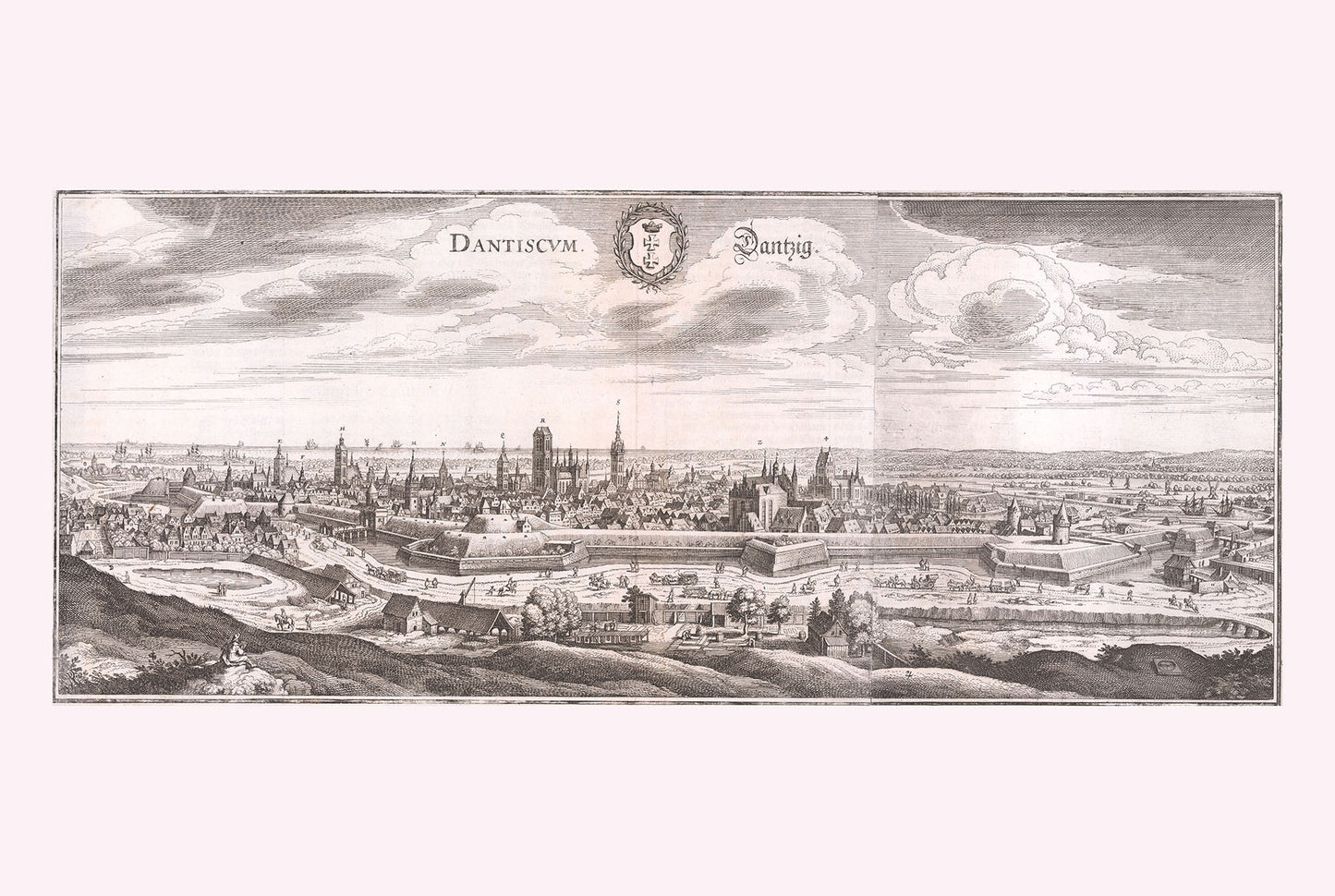 1652 Danzig Karte Poster - Gdańsk Vogelperspektive Stadtplan mit Befestigungen und Fluss Motława
