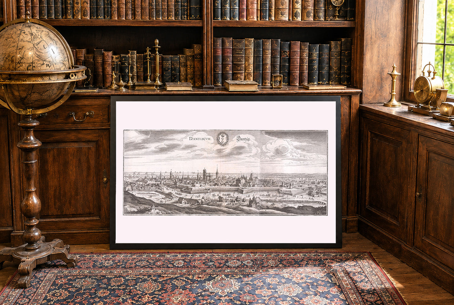 1652 Danzig Karte Poster - Gdańsk Vogelperspektive Stadtplan mit Befestigungen und Fluss Motława