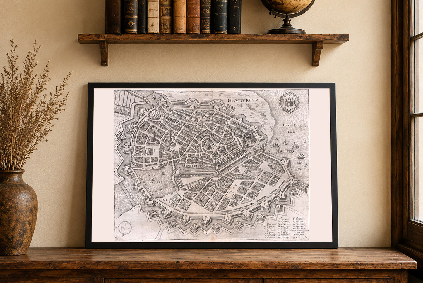 1653 Hamburg Karte - Stadtansicht aus der Vogelperspektive des 17. Jahrhunderts mit bastionierten Mauern