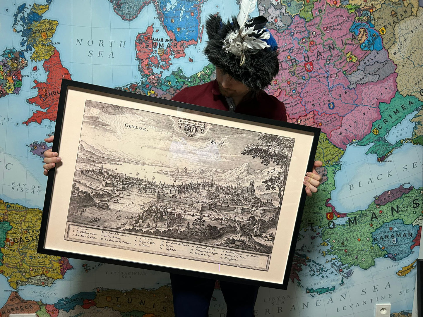1654 Genf Kartenposter - Panoramablick aus der Vogelperspektive mit dem Genfersee und wichtigen Sehenswürdigkeiten