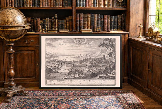 1654 Geneva Map Poster - Panoramic Bird’s-Eye View with Lake Geneva and Key Landmarks
