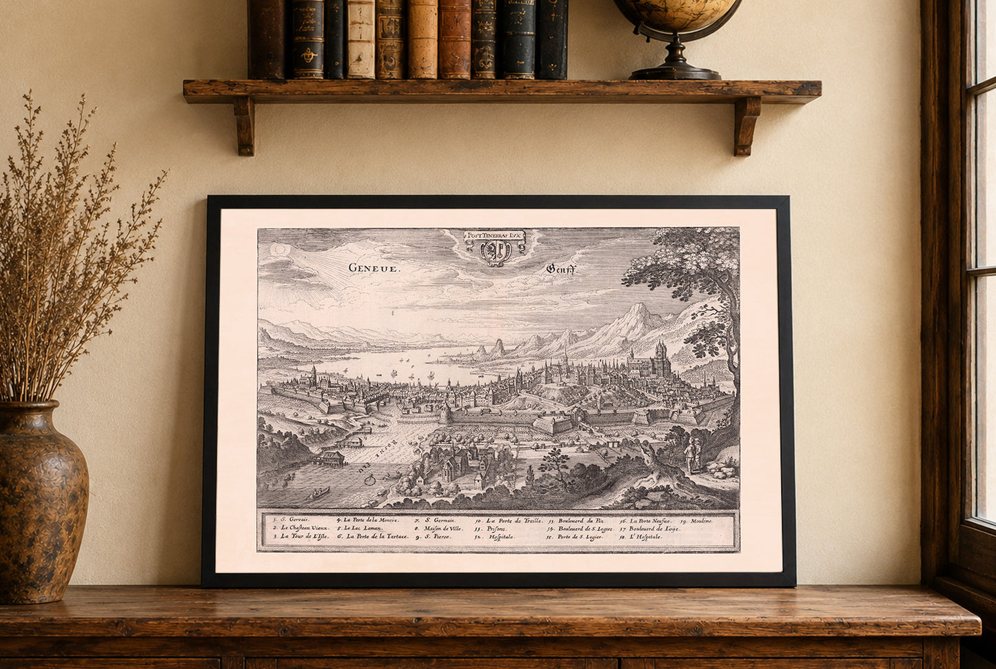 1654 Genf Kartenposter - Panoramablick aus der Vogelperspektive mit dem Genfersee und wichtigen Sehenswürdigkeiten
