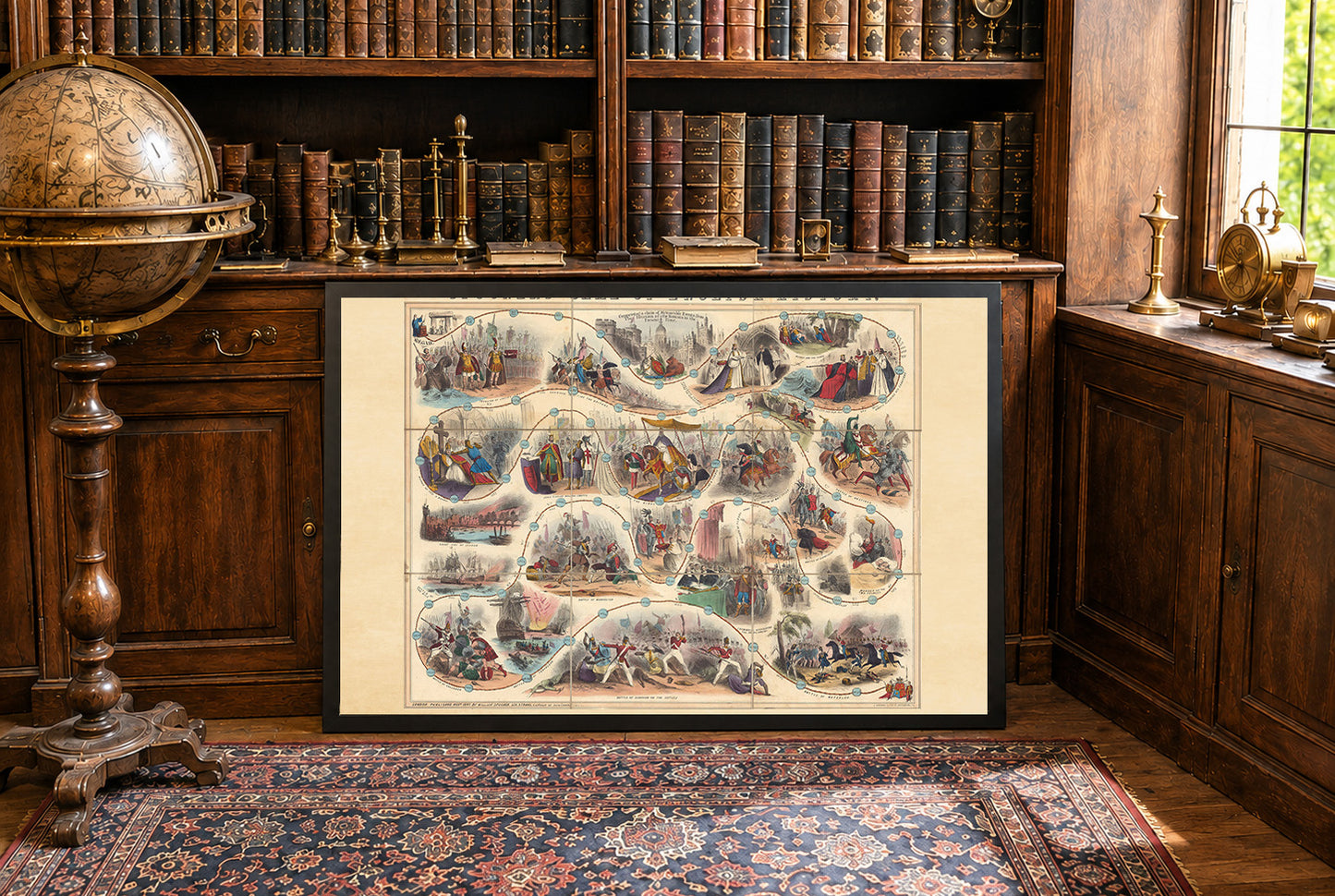 1847 Englische Geschichte Spielkarte Poster - Illustrierte Bildungslandschaft mit historischen Szenen