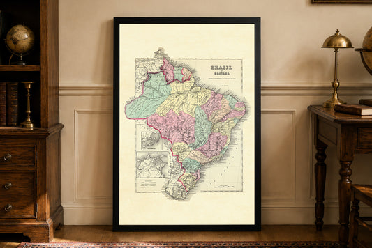 1856 Brazil and Guayana Map Poster - Hand-Colored Regions with Rio de Janeiro Detail