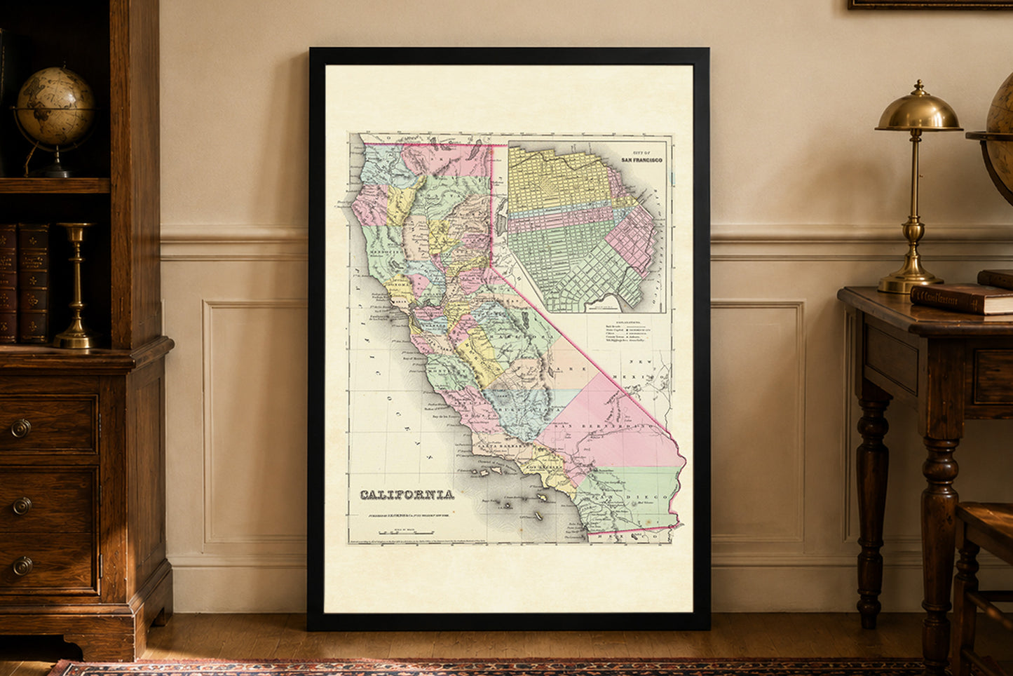 1856 Kalifornien Kartografie Druck - Vintage-Karte mit Landkreisgrenzen und San Francisco Inset