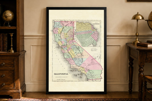 1856 California Cartography Print - Vintage Map with County Divisions and San Francisco Inset