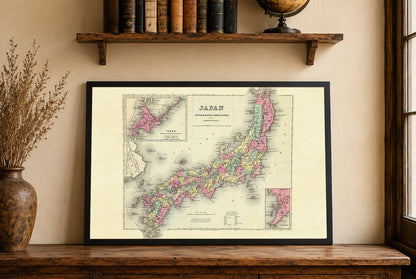 1856 Japan Karte Poster - Nippon mit Kiusiu, Sikok und Yesso Detail, handkolorierte Regionen
