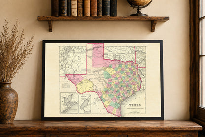1856 Texas Karte Poster - Handkolorierte Landkreis-Karte mit detaillierten Grenzen