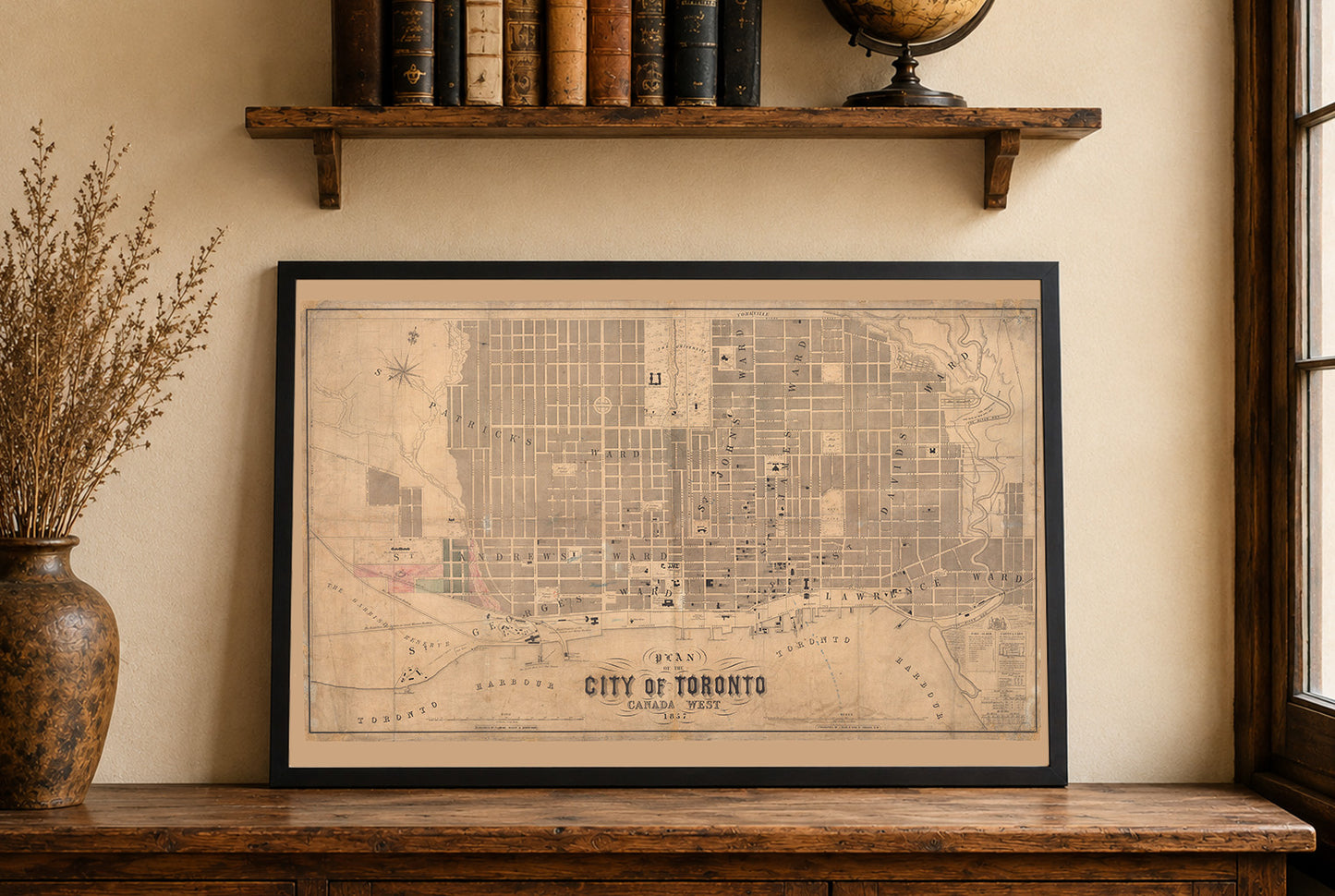 1857 Toronto Kartenposter - Großformat Stadtplan mit Stadtgrenzen, Institutionen und Uferbereich