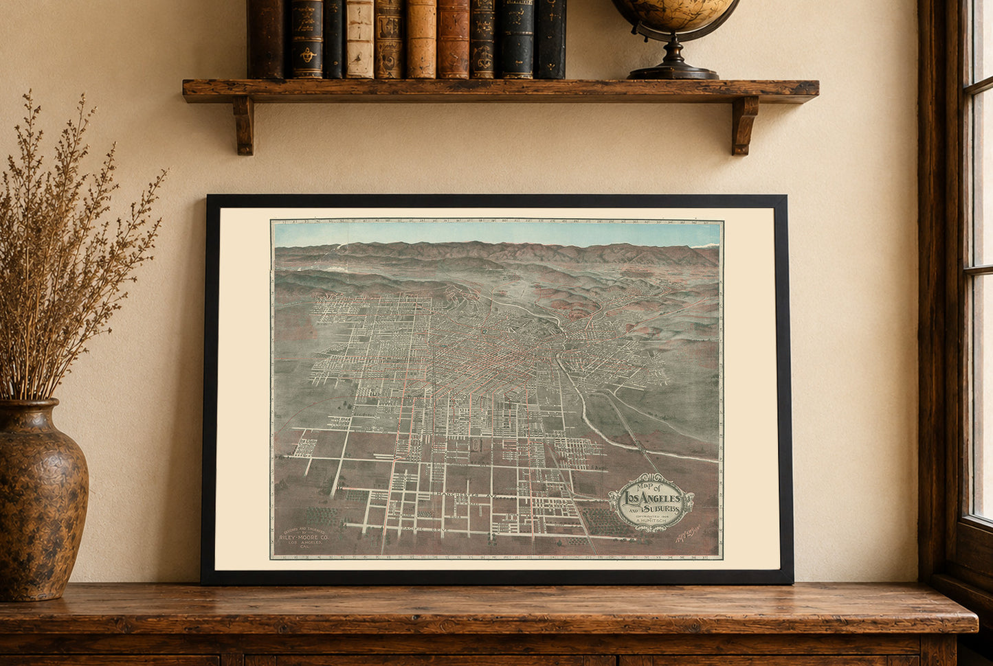 1906 Los Angeles Kartenposter - Panoramastadtplan mit Straßen und Bahnlinien