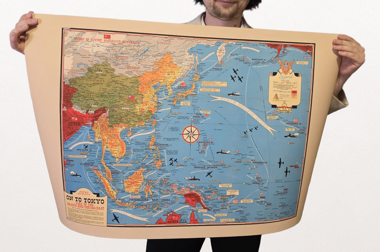 1944 Pazifischer Theaterkartenposter - Auf nach Tokio Piktorialer WWII-Druck von Asien und dem Pazifik