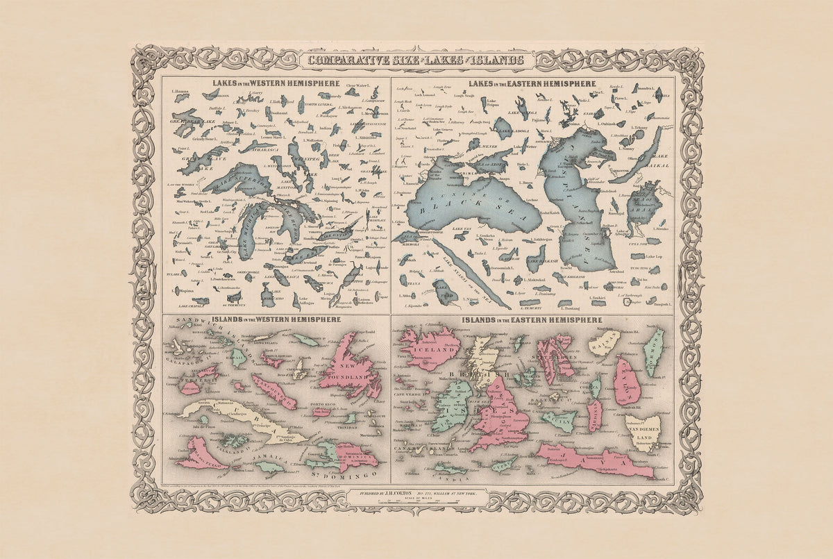 Comparative Size of Lakes and Islands 1855 - G.W. Colton - Historical Map Poster
