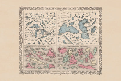 Comparative Size of Lakes and Islands 1855 - G.W. Colton - Historical Map Poster