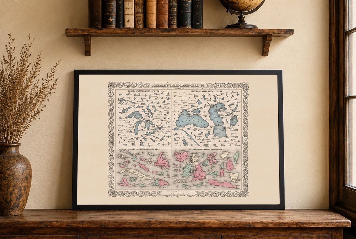 Comparative Size of Lakes and Islands 1855 - G.W. Colton - Historical Map Poster