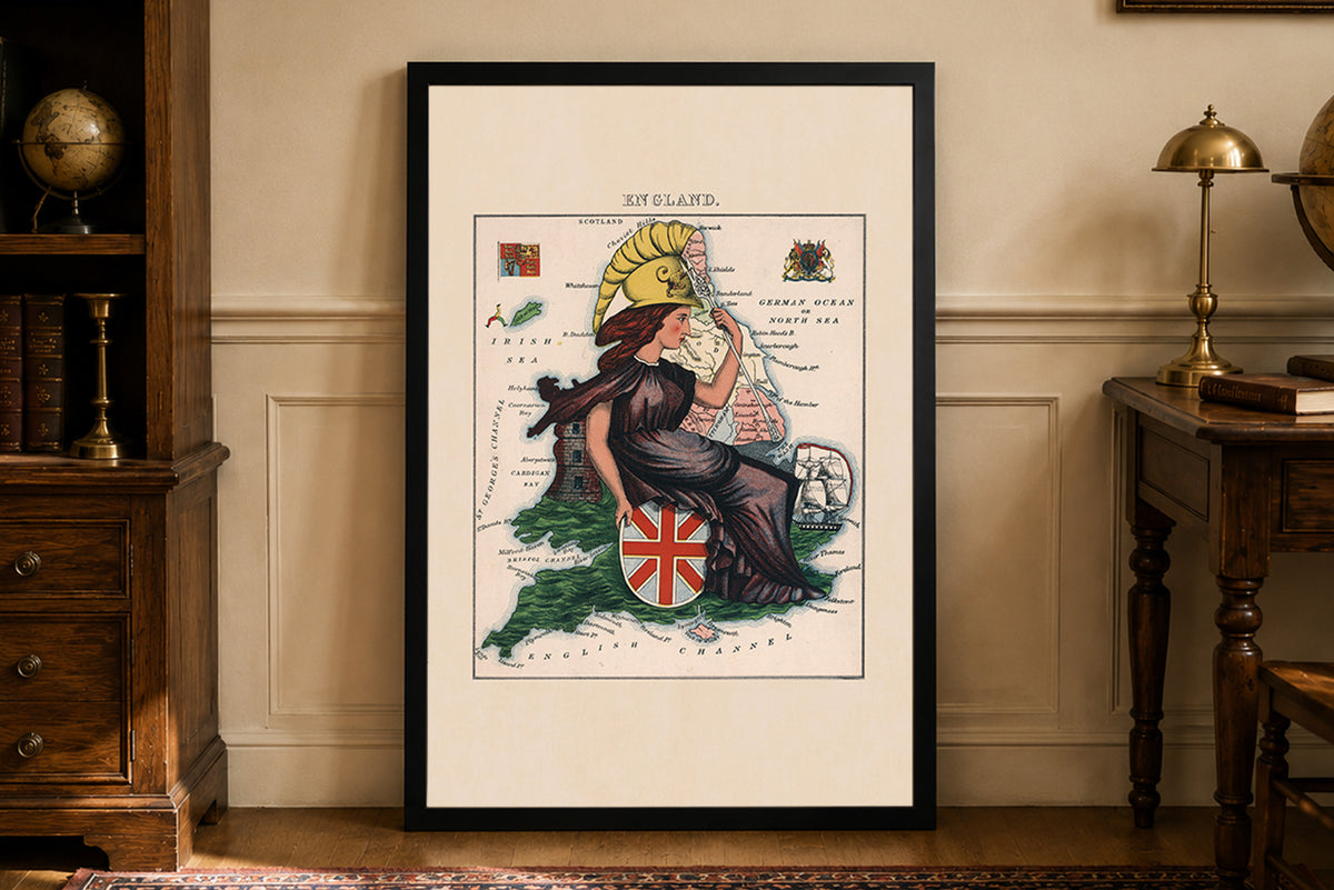 England 1868 - Lilian Lancaster - Britannia Satirical Pictorial Map Poster