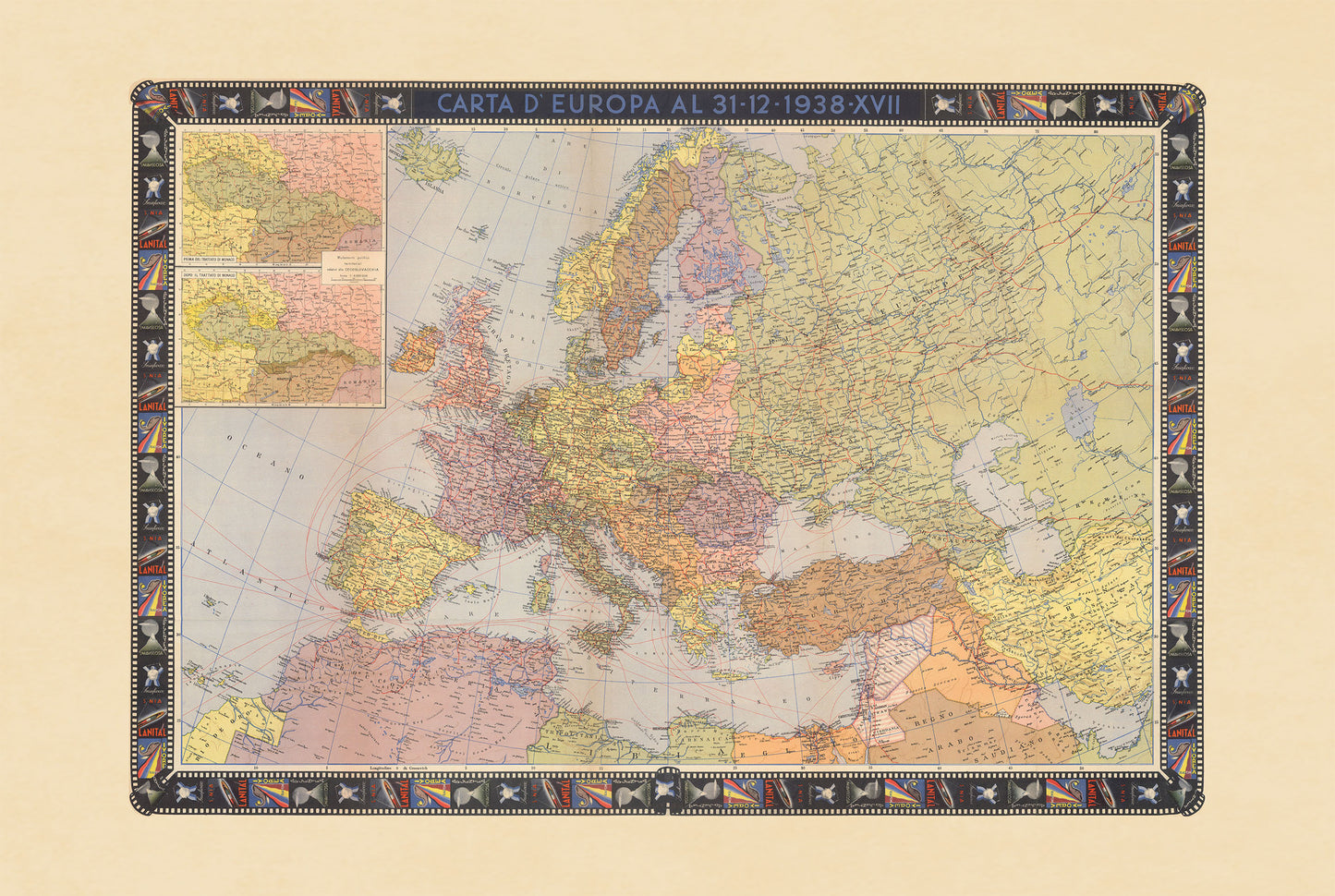 Politisches Europakarten-Poster (1938) – Vintage-Wandkunst mit Europa vor dem Zweiten Weltkrieg