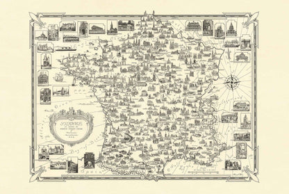 France Pictorial Map Poster (1935) - Vintage French Landmarks Wall Art