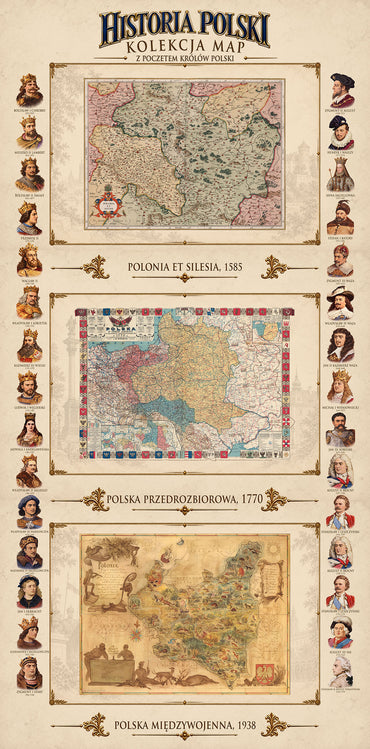 History of Poland Collection - 3 Historical Maps & Polish Rulers - Map Poster