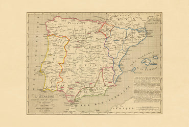 Medieval Iberia 1212-1492 - Reconquista - Antoine Philippe Houze 1844 Historical Map Poster