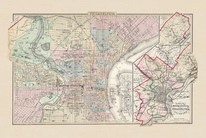 Philadelphie 1883 - Carte Historique de la Ville