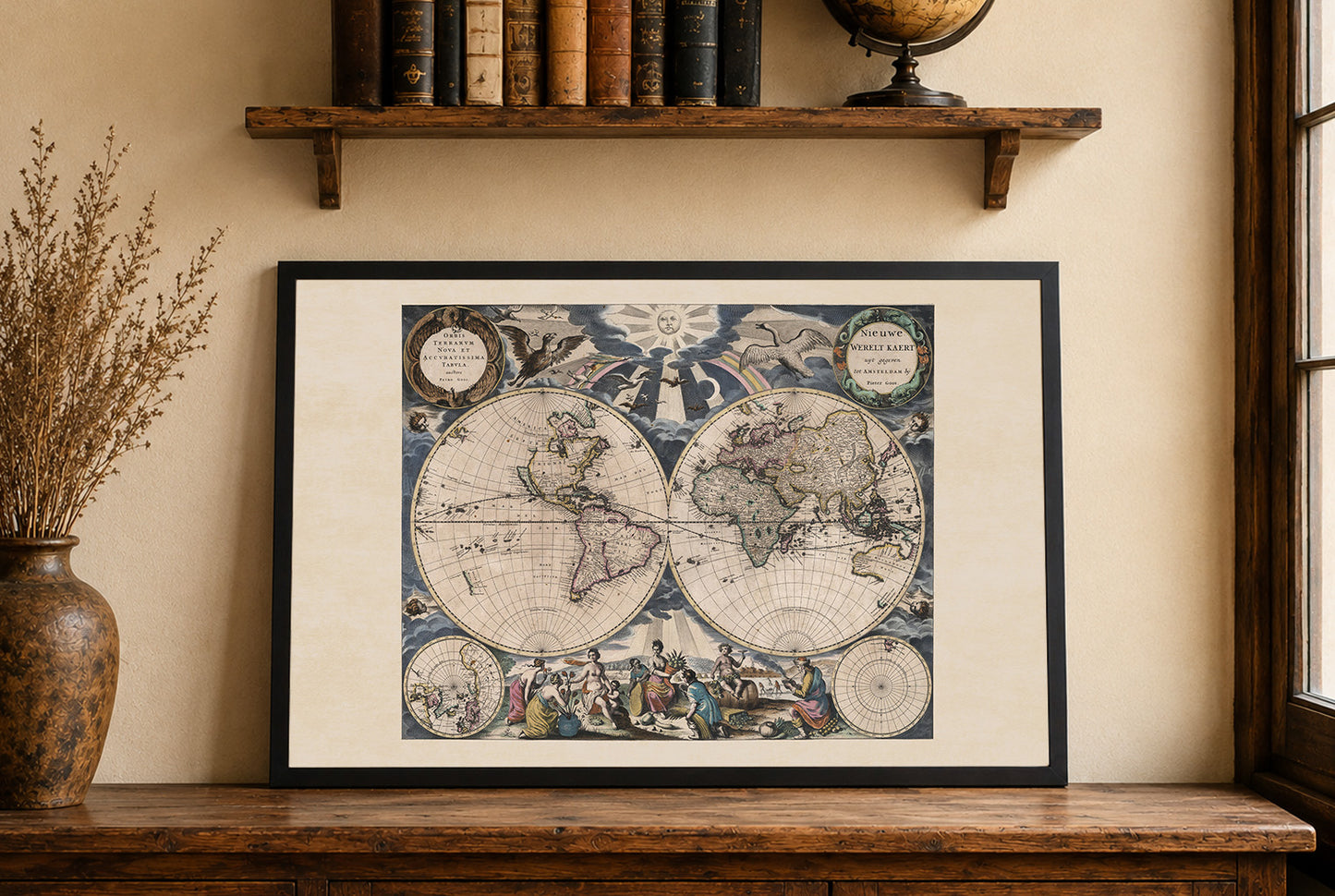 Pieter Goos 1667 Weltkarte Poster - mit aufwendiger Illustration und Atlas-Stil
