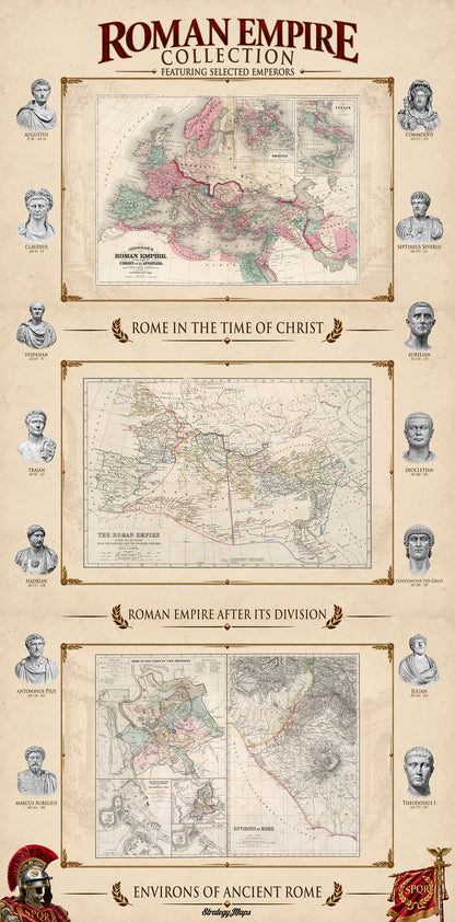 Roman Empire Collection - 3 Historical Maps in One Poster - Ancient Rome Map Set