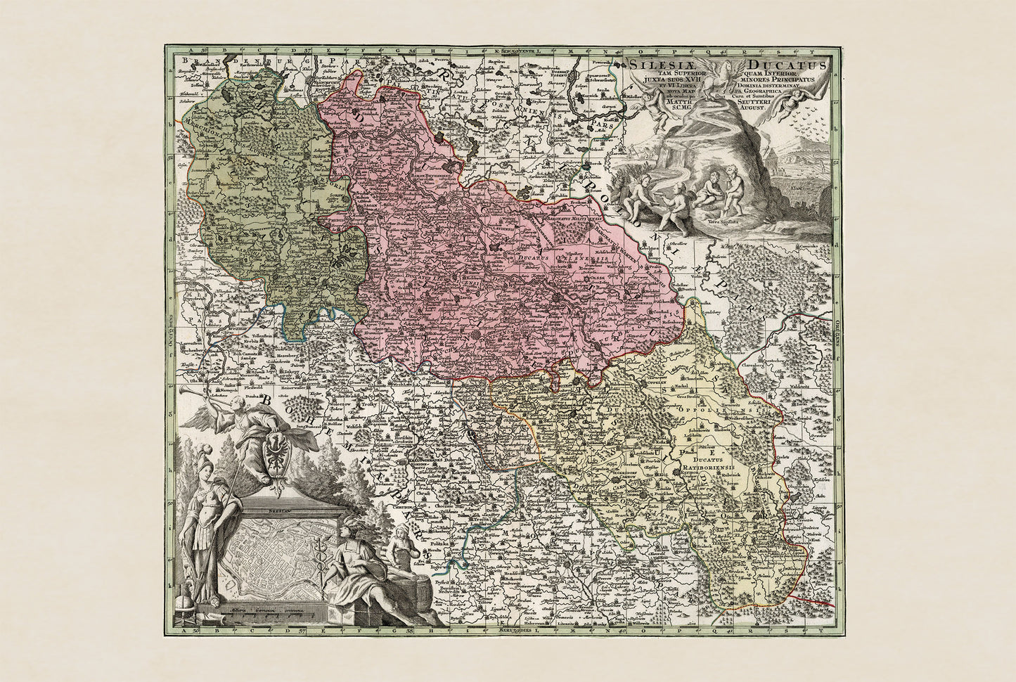 Póster de mapa histórico de Silesia: Alta y Baja Silesia, arte mural del siglo XVIII