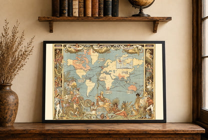 Poster der britischen Empire-Karte aus der viktorianischen Ära (1886) mit globalen Regionen und kultureller Kleidung