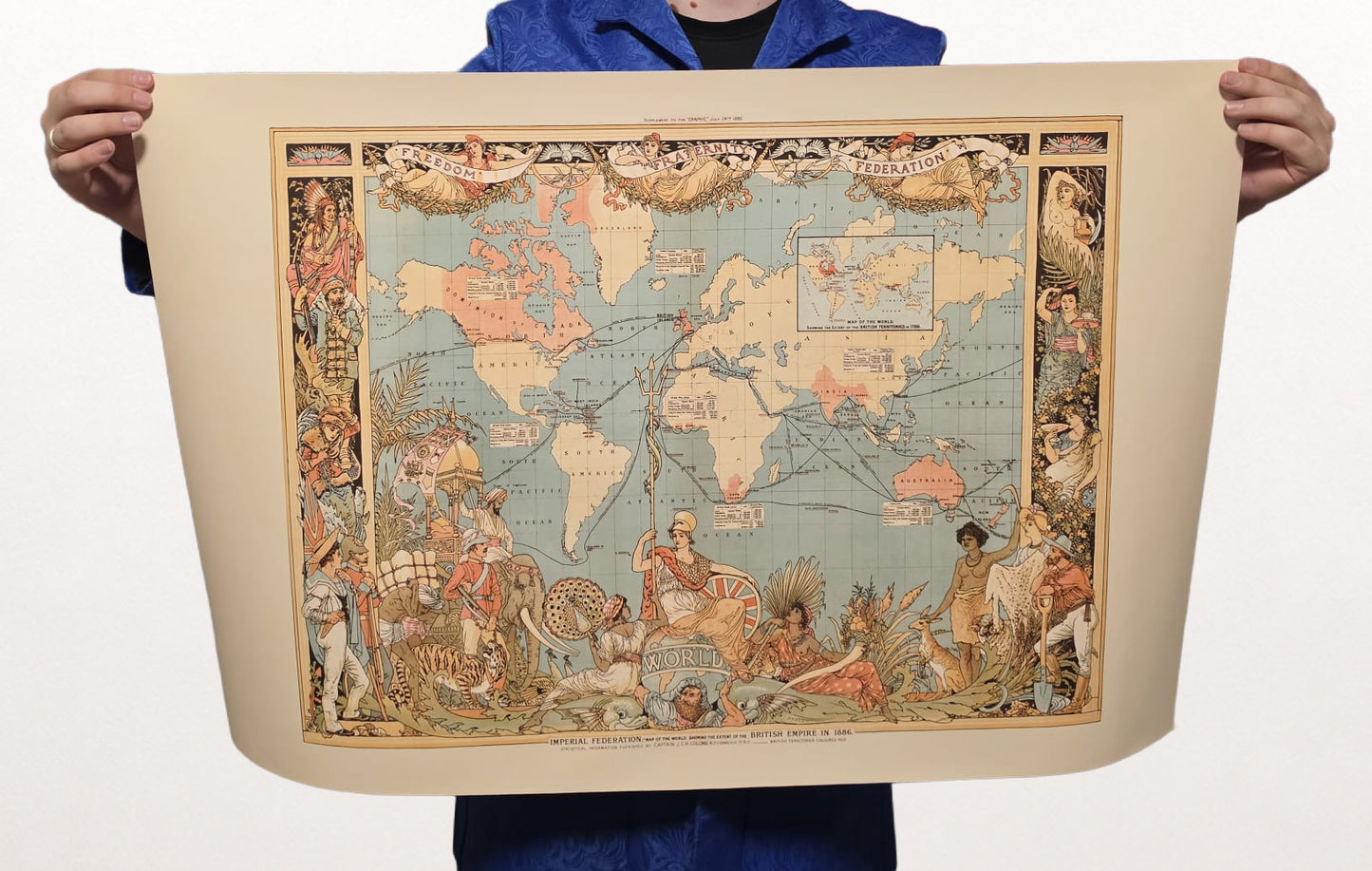 Poster der britischen Empire-Karte aus der viktorianischen Ära (1886) mit globalen Regionen und kultureller Kleidung