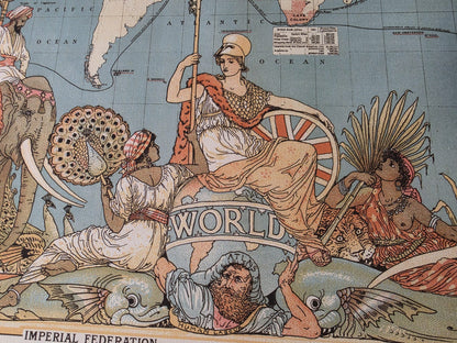 Poster der britischen Empire-Karte aus der viktorianischen Ära (1886) mit globalen Regionen und kultureller Kleidung