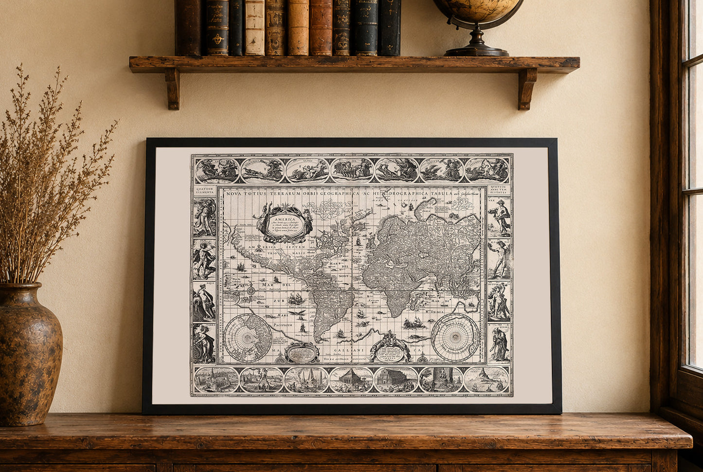 Vintage Weltkarte (1630) - Kunstdruck, der Mythologie und die sieben Wunder zeigt
