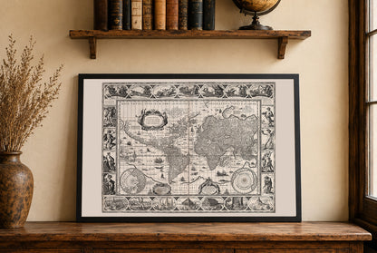 Vintage Weltkarte (1630) - Kunstdruck, der Mythologie und die sieben Wunder zeigt