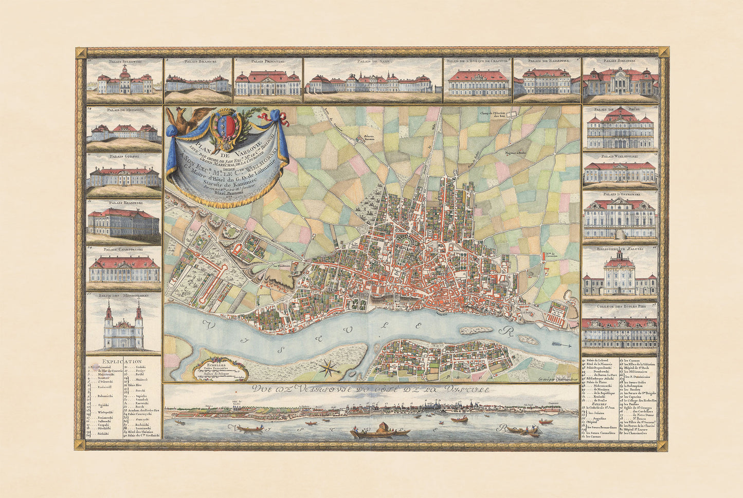 Warschau 1772 - Historische Karte der polnischen Hauptstadt mit wichtigen Palästen